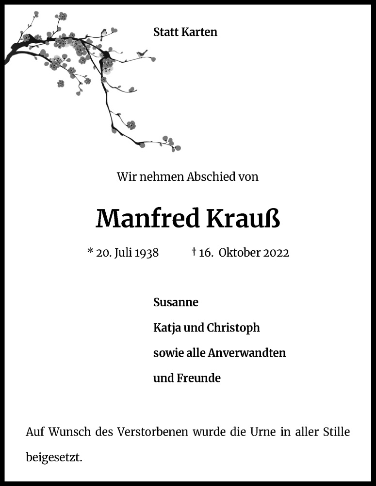  Traueranzeige für Manfred Krauß vom 19.11.2022 aus Kölner Stadt-Anzeiger / Kölnische Rundschau / Express