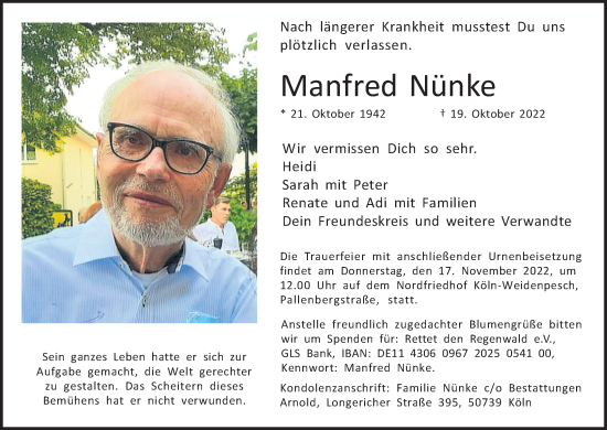Anzeige von Manfred Nünke von Kölner Stadt-Anzeiger / Kölnische Rundschau / Express