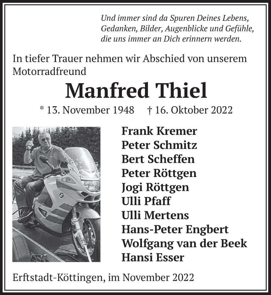  Traueranzeige für Manfred Thiel vom 18.11.2022 aus  Werbepost 