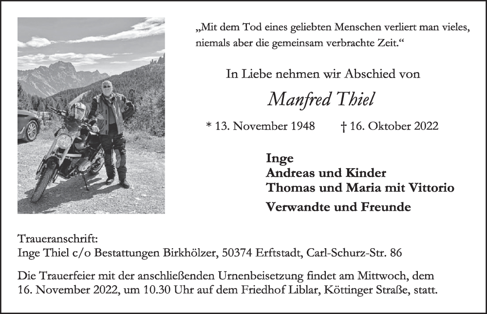  Traueranzeige für Manfred Thiel vom 04.11.2022 aus  Werbepost 