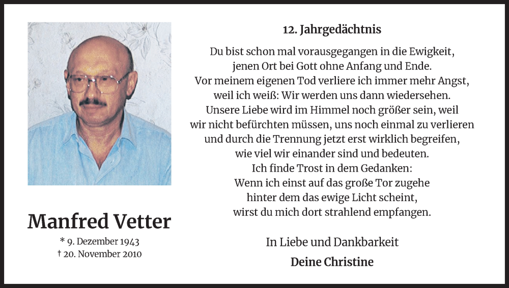  Traueranzeige für Manfred Vetter vom 19.11.2022 aus Kölner Stadt-Anzeiger / Kölnische Rundschau / Express