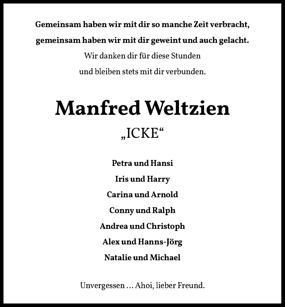  Traueranzeige für Manfred Weltzien vom 05.11.2022 aus Kölner Stadt-Anzeiger / Kölnische Rundschau / Express