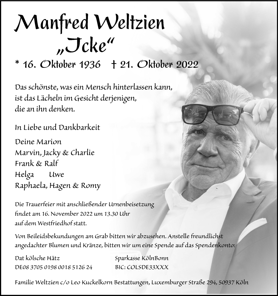  Traueranzeige für Manfred Weltzien vom 05.11.2022 aus Kölner Stadt-Anzeiger / Kölnische Rundschau / Express