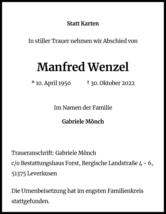 Anzeige von Manfred Wenzel von Kölner Stadt-Anzeiger / Kölnische Rundschau / Express
