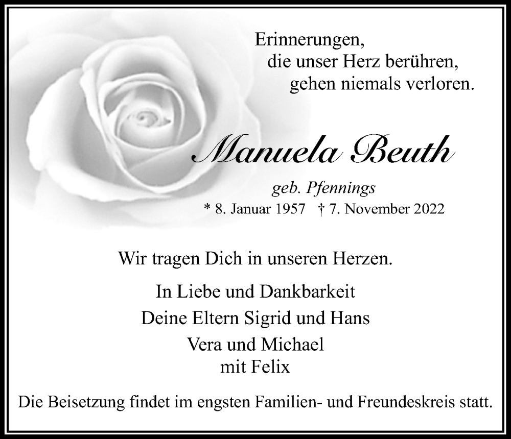  Traueranzeige für Manuela Beuth vom 19.11.2022 aus Kölner Stadt-Anzeiger / Kölnische Rundschau / Express