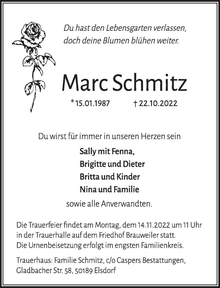  Traueranzeige für Marc Schmitz vom 11.11.2022 aus  Wochenende  Werbepost 