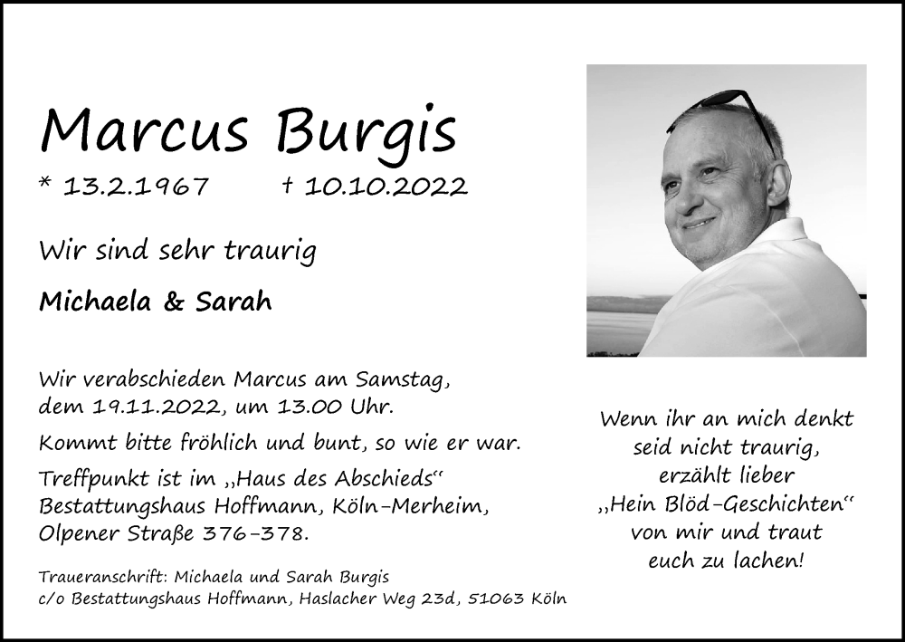  Traueranzeige für Marcus Burgis vom 05.11.2022 aus Kölner Stadt-Anzeiger / Kölnische Rundschau / Express
