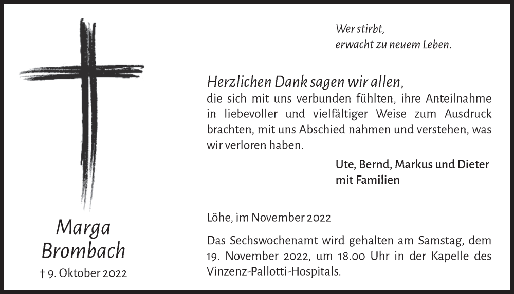  Traueranzeige für Marga Brombach vom 11.11.2022 aus  Bergisches Handelsblatt 