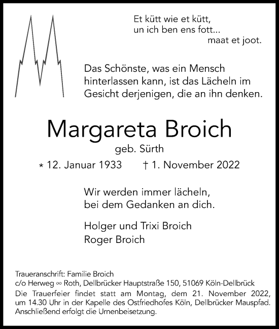 Anzeige von Margareta Broich von Kölner Stadt-Anzeiger / Kölnische Rundschau / Express
