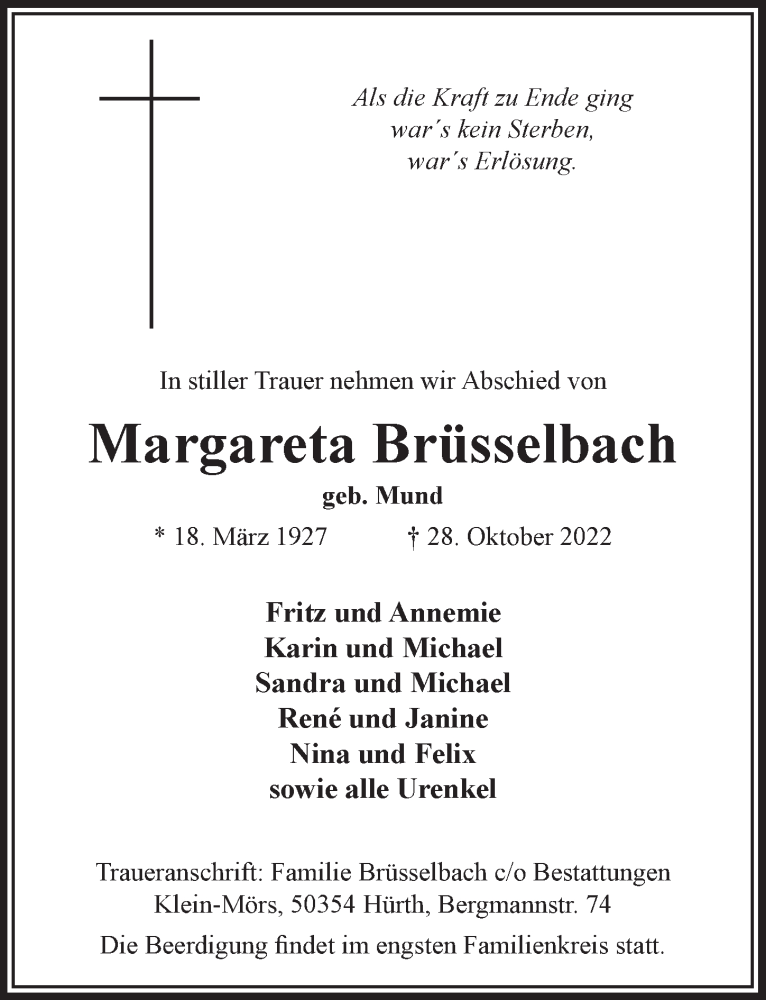  Traueranzeige für Margareta Brüsselbach vom 04.11.2022 aus  Wochenende 