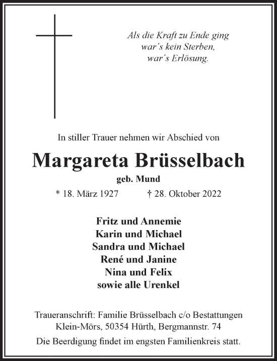 Anzeige von Margareta Brüsselbach von  Wochenende 