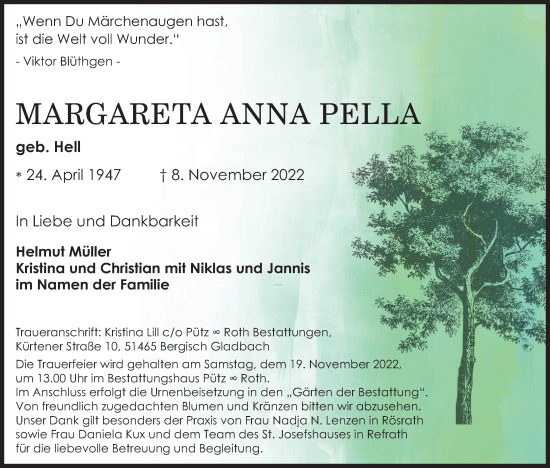 Anzeige von Margareta Anna Pella von Kölner Stadt-Anzeiger / Kölnische Rundschau / Express