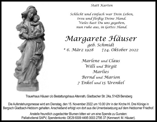 Anzeige von Margarete Häuser von Kölner Stadt-Anzeiger / Kölnische Rundschau / Express