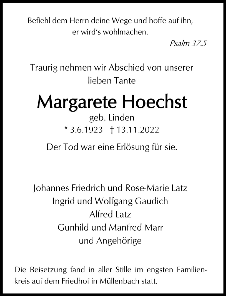  Traueranzeige für Margarete Hoechst vom 25.11.2022 aus  Anzeigen Echo 