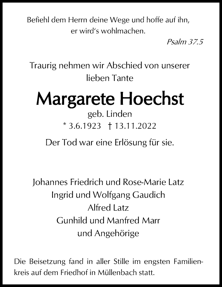  Traueranzeige für Margarete Hoechst vom 23.11.2022 aus Kölner Stadt-Anzeiger / Kölnische Rundschau / Express