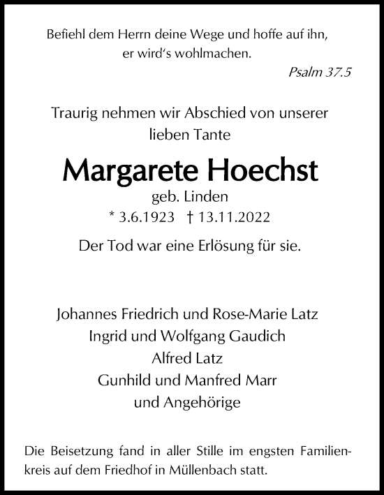 Anzeige von Margarete Hoechst von Kölner Stadt-Anzeiger / Kölnische Rundschau / Express