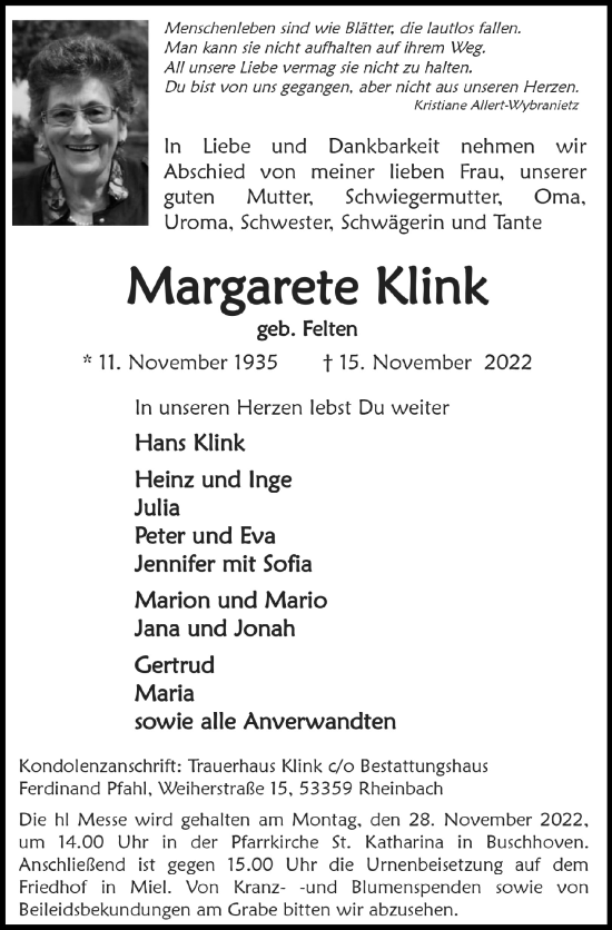 Anzeige von Margarete Klink von  Schaufenster/Blickpunkt 