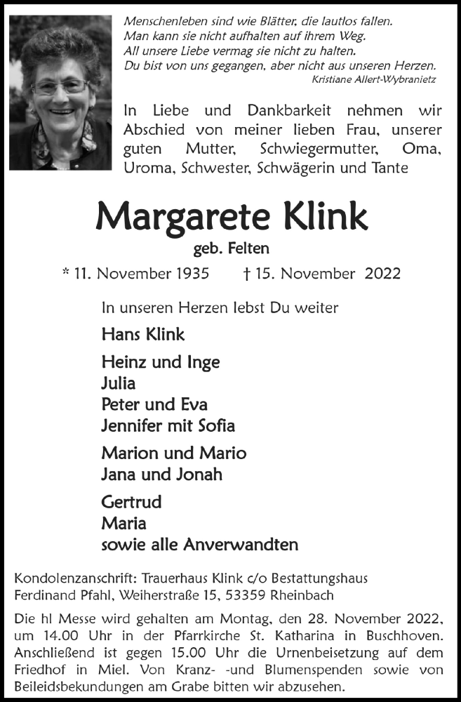  Traueranzeige für Margarete Klink vom 25.11.2022 aus  Schaufenster/Blickpunkt 