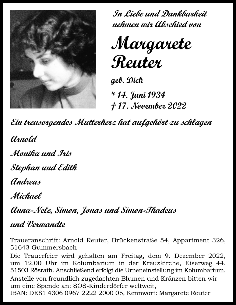  Traueranzeige für Margarete Reuter vom 26.11.2022 aus Kölner Stadt-Anzeiger / Kölnische Rundschau / Express