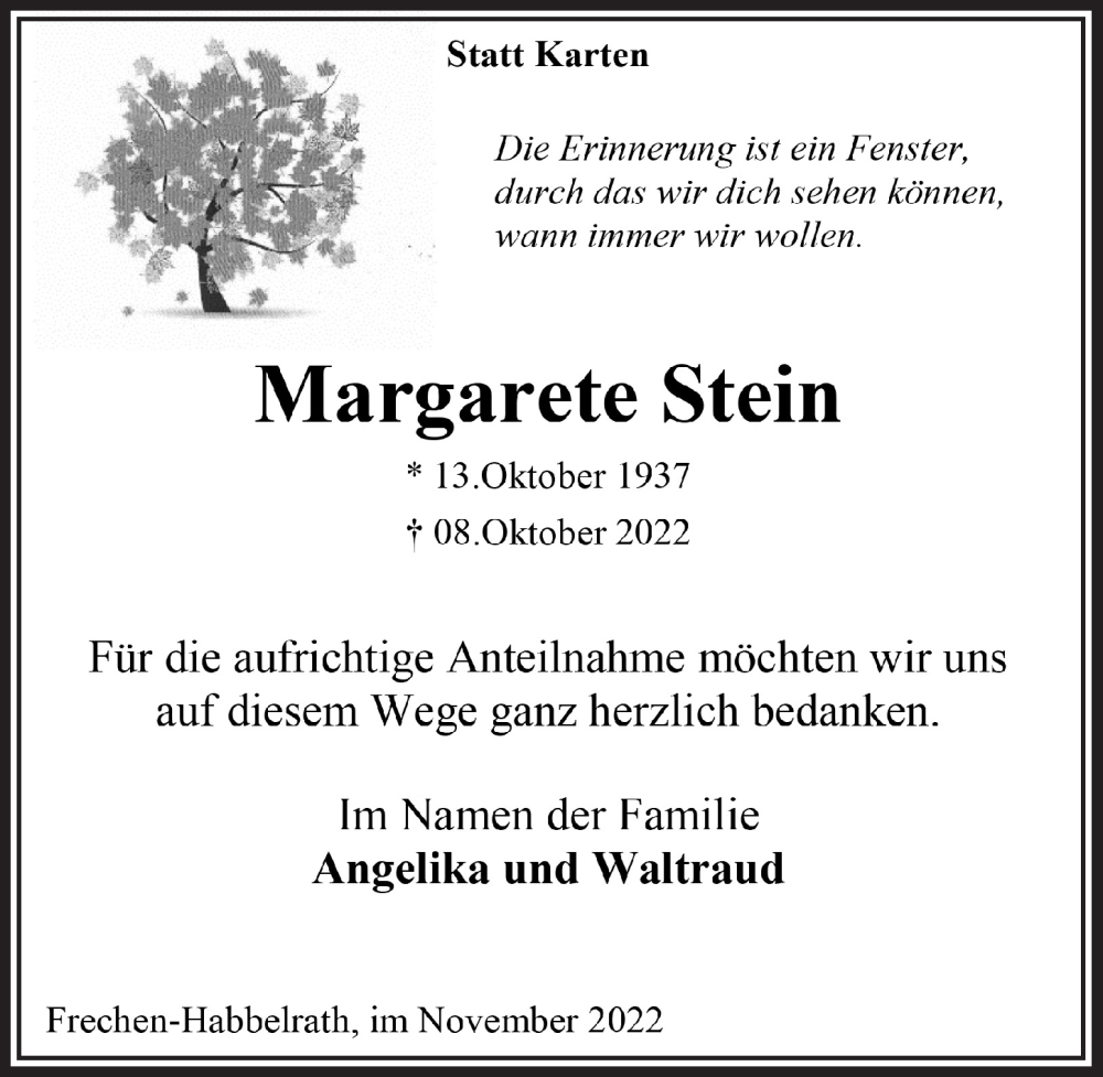  Traueranzeige für Margarete Stein vom 11.11.2022 aus  Wochenende 