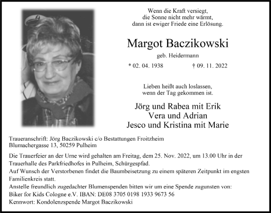 Anzeige von Margot Baczikowski von  Wochenende 