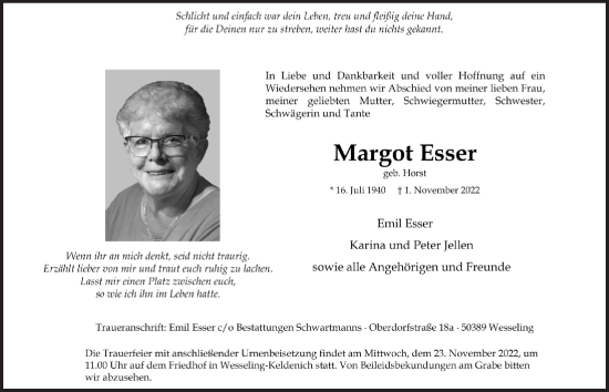 Anzeige von Margot Esser von  Schlossbote/Werbekurier 