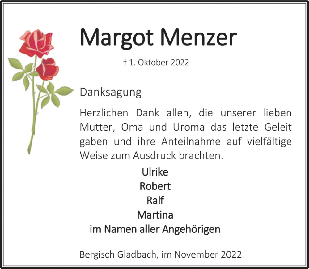  Traueranzeige für Margot Menzer vom 11.11.2022 aus  Bergisches Handelsblatt 
