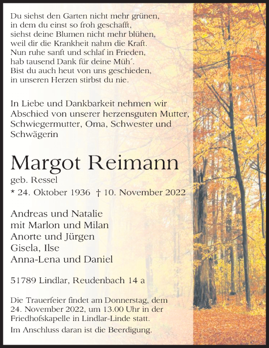 Anzeige von Margot Reimann von Kölner Stadt-Anzeiger / Kölnische Rundschau / Express