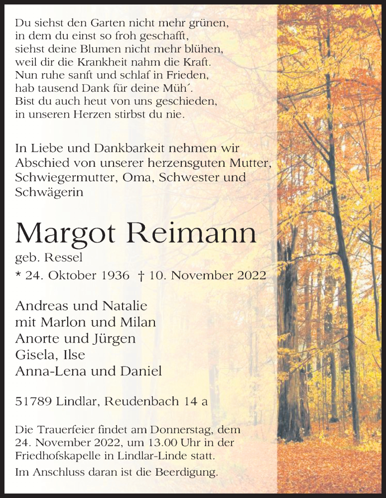  Traueranzeige für Margot Reimann vom 19.11.2022 aus Kölner Stadt-Anzeiger / Kölnische Rundschau / Express