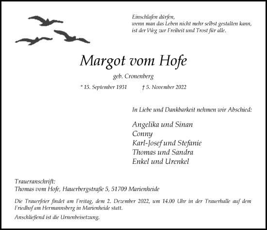 Anzeige von Margot vom Hofe von  Anzeigen Echo 