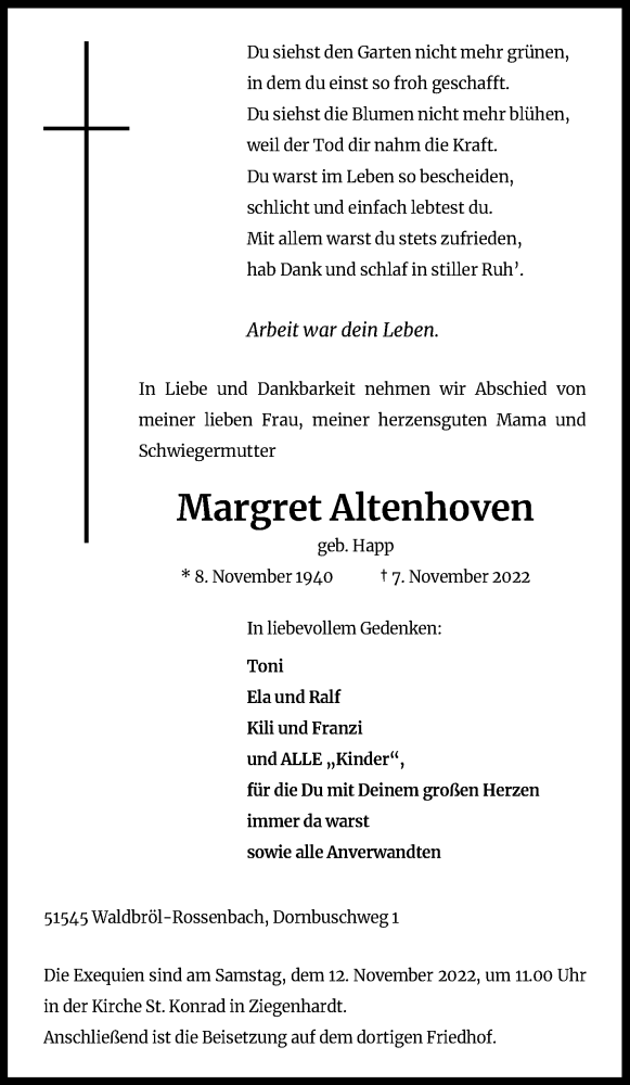  Traueranzeige für Margret Altenhoven vom 10.11.2022 aus Kölner Stadt-Anzeiger / Kölnische Rundschau / Express