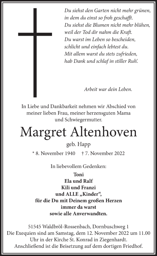 Anzeige von Margret Altenhoven von  Lokalanzeiger 