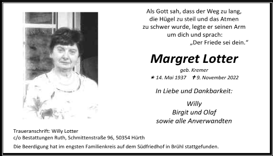 Anzeige von Margret Lotter von  Wochenende  Schlossbote/Werbekurier 