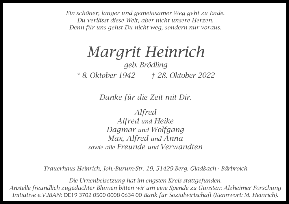  Traueranzeige für Margrit Heinrich vom 19.11.2022 aus Kölner Stadt-Anzeiger / Kölnische Rundschau / Express
