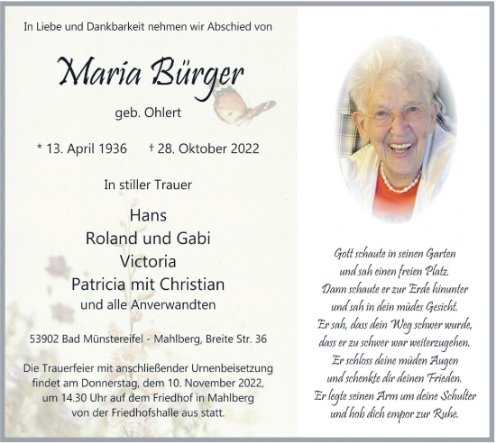 Anzeige von Maria Bürger von  Blickpunkt Euskirchen 