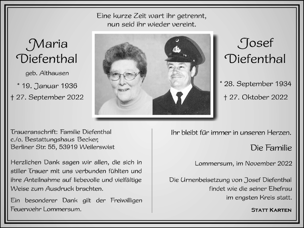  Traueranzeige für Maria Diefenthal vom 05.11.2022 aus  Blickpunkt Euskirchen 