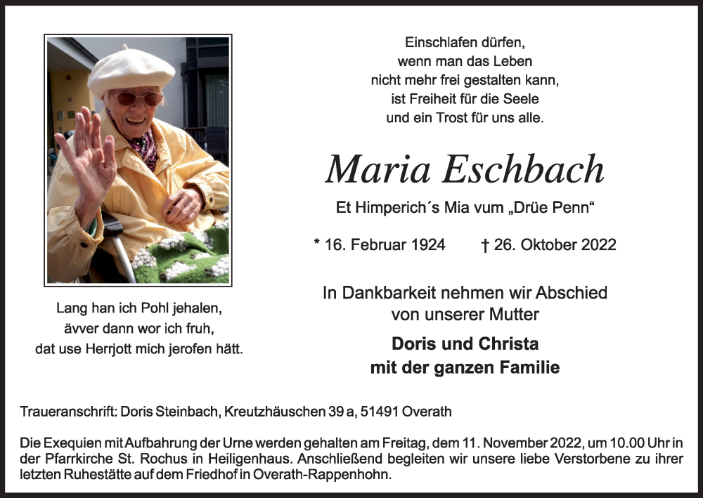  Traueranzeige für Maria Eschbach vom 05.11.2022 aus Kölner Stadt-Anzeiger / Kölnische Rundschau / Express