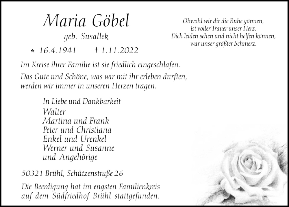  Traueranzeige für Maria Göbel vom 11.11.2022 aus  Schlossbote/Werbekurier 