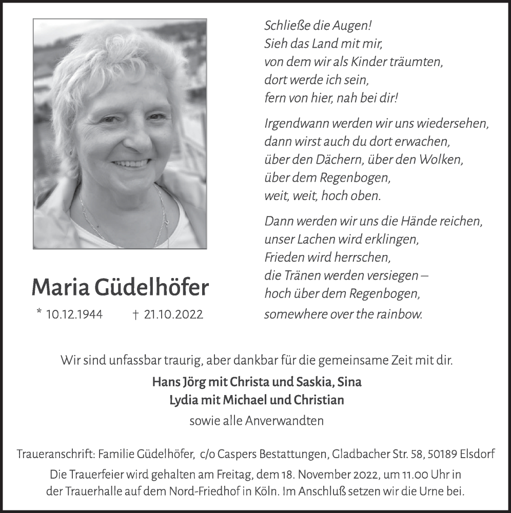  Traueranzeige für Maria Güdelhöfer vom 11.11.2022 aus  Werbepost 