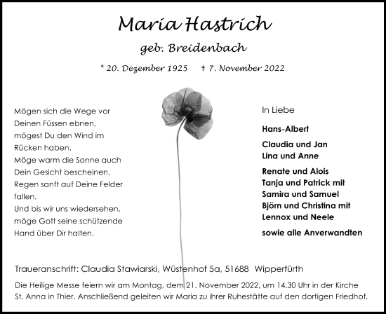 Anzeige von Maria Hastrich von Kölner Stadt-Anzeiger / Kölnische Rundschau / Express