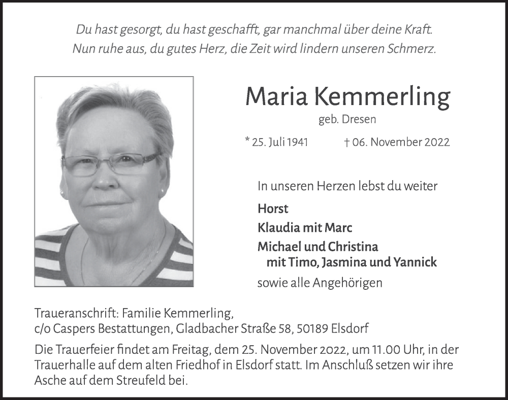  Traueranzeige für Maria Kemmerling vom 18.11.2022 aus  Werbepost 