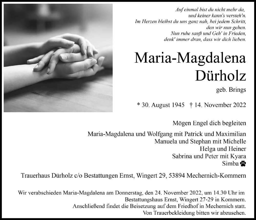  Traueranzeige für Maria-Magdalena Dürholz vom 19.11.2022 aus  Blickpunkt Euskirchen 