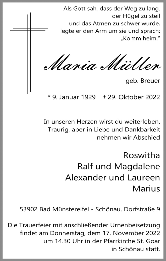 Anzeige von Maria Müller von  Blickpunkt Euskirchen 
