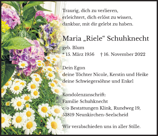 Anzeige von Maria Schuhknecht von Kölner Stadt-Anzeiger / Kölnische Rundschau / Express