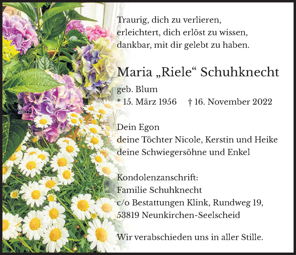  Traueranzeige für Maria Schuhknecht vom 26.11.2022 aus Kölner Stadt-Anzeiger / Kölnische Rundschau / Express