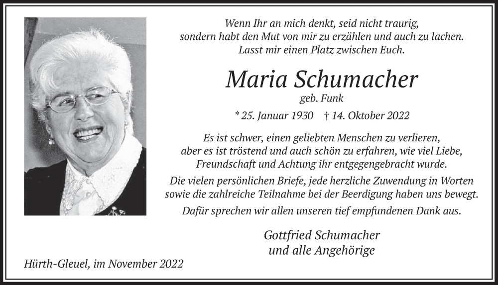  Traueranzeige für Maria Schumacher vom 18.11.2022 aus  Wochenende 