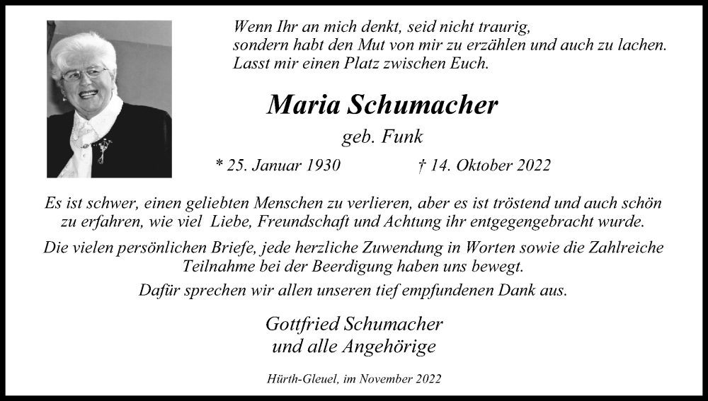  Traueranzeige für Maria Schumacher vom 19.11.2022 aus Kölner Stadt-Anzeiger / Kölnische Rundschau / Express
