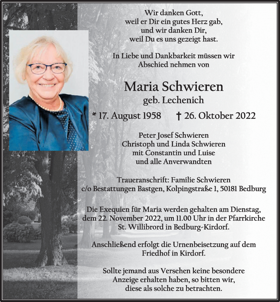  Traueranzeige für Maria Schwieren vom 18.11.2022 aus  Werbepost 