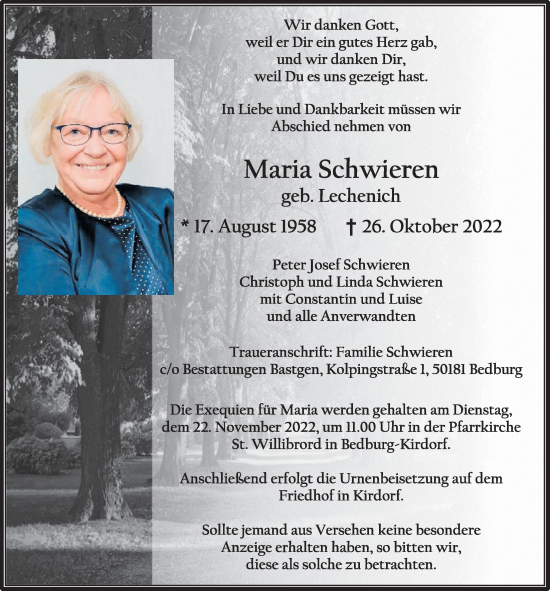 Anzeige von Maria Schwieren von  Werbepost 