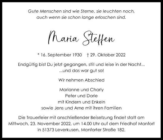 Anzeige von Maria Steffen von Kölner Stadt-Anzeiger / Kölnische Rundschau / Express